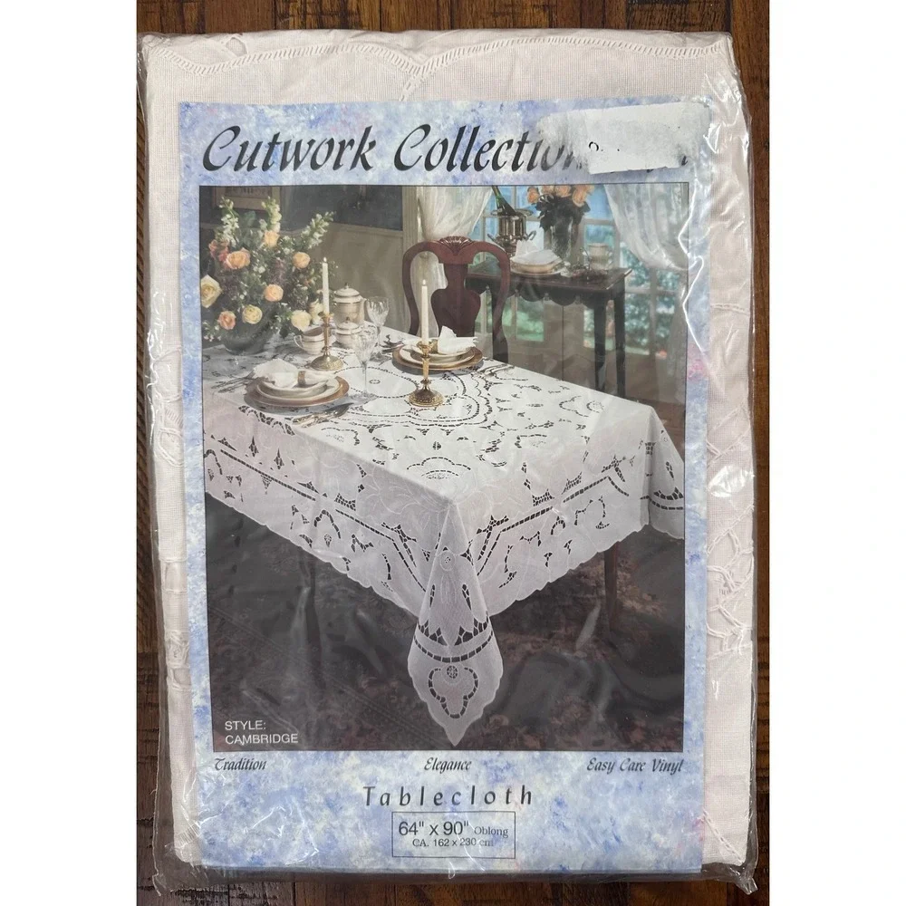 VTG Vynet Cutwork Vinyl Lace‎ Tablecloth 64x90 Cambridge NOS Cottagecore Chateau